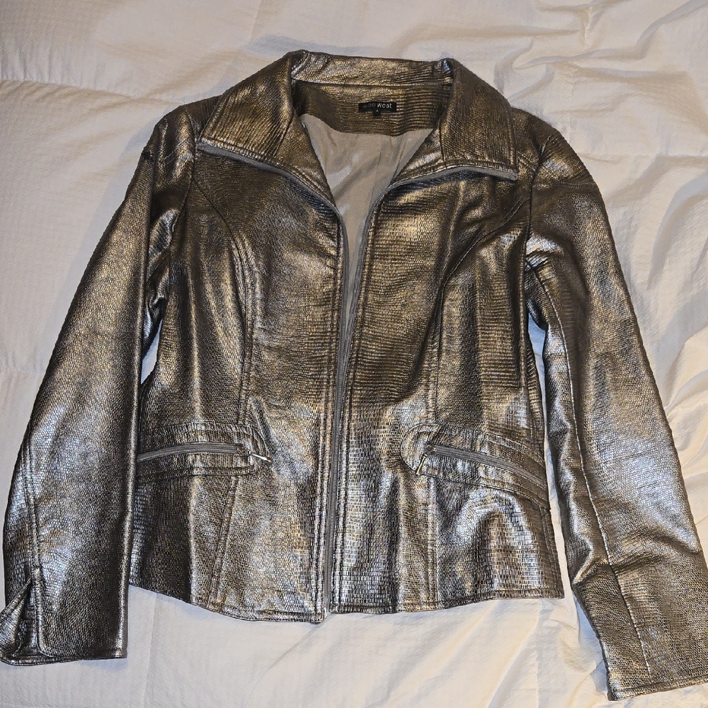 600 WEST Metallic Silver Textured Faux Leather Jacket